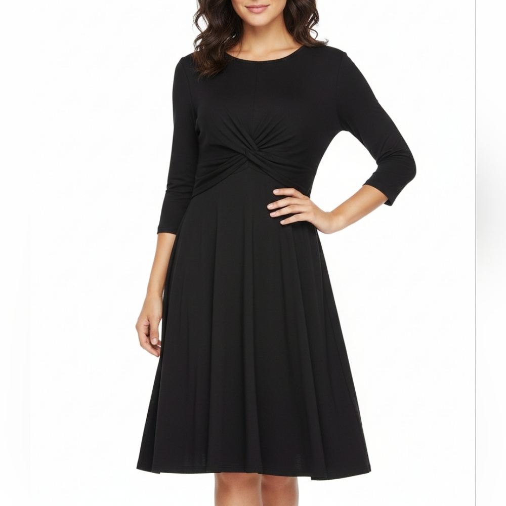 Hint of Mint Front Knotted Black Long‎ Sleeve Midi Dress Classic LBD